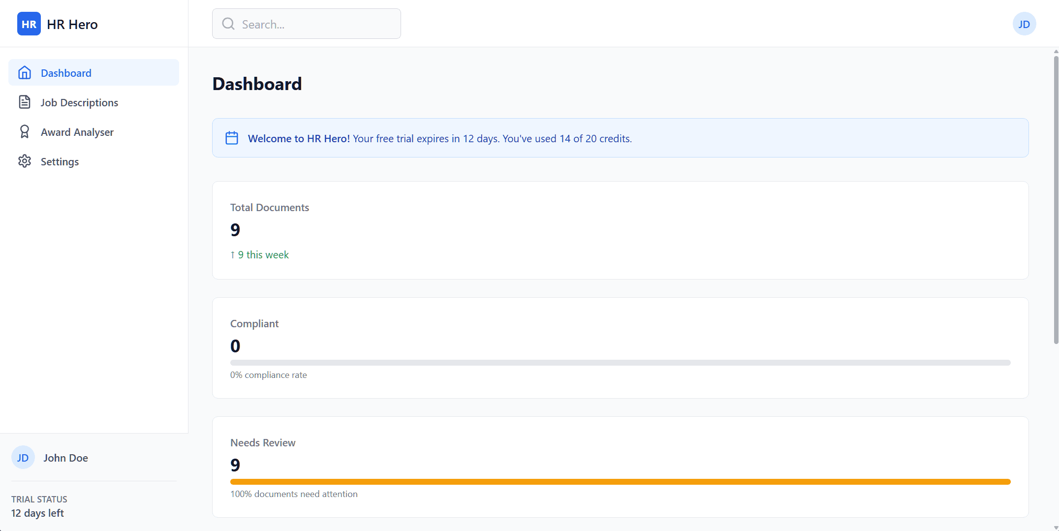 HR Hero compliance dashboard showing job description analysis and Modern Award matching